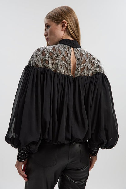 Crystal Embellished Cutwork Cape Detail Woven Drama Blouse