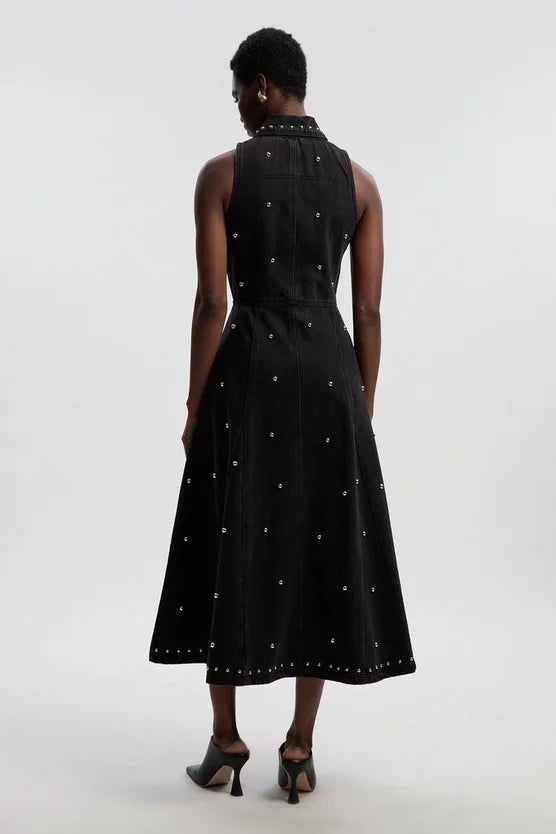 Denim Studded Sleeveless Midi Dress