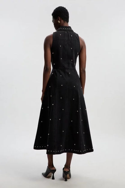Denim Studded Sleeveless Midi Dress
