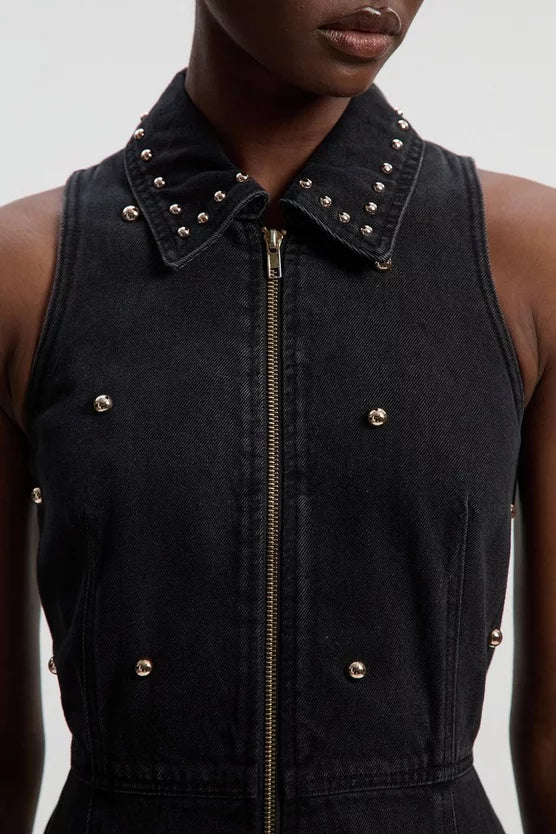 Denim Studded Sleeveless Midi Dress