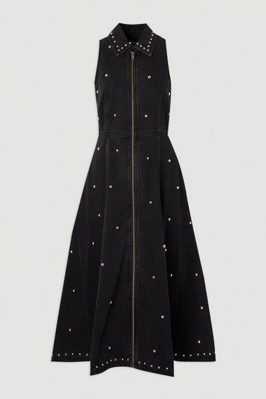 Denim Studded Sleeveless Midi Dress