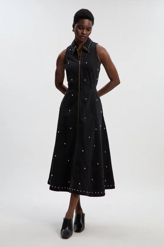 Denim Studded Sleeveless Midi Dress