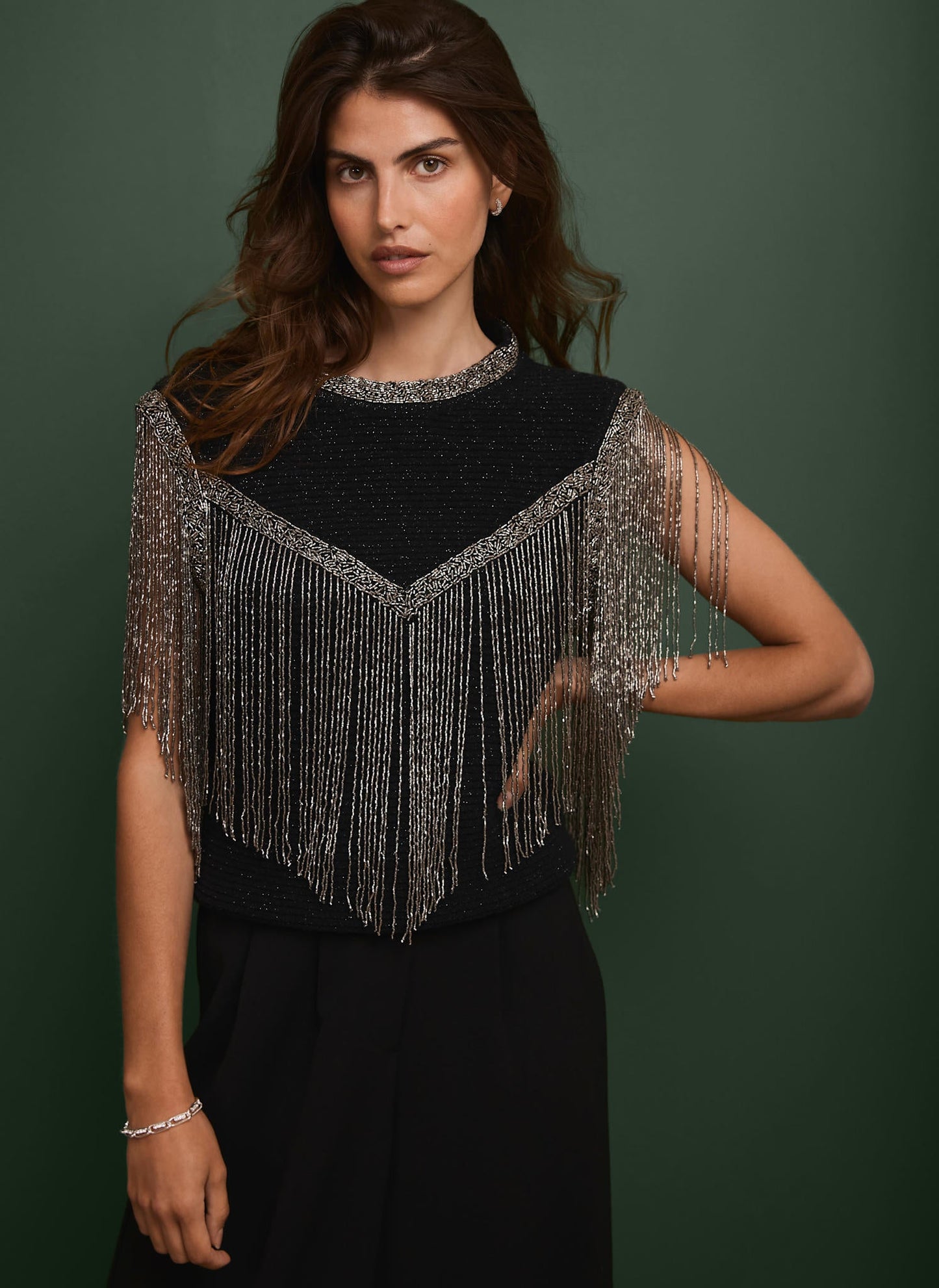 Black Embellished Fringe Detail Top