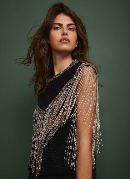 Black Embellished Fringe Detail Top