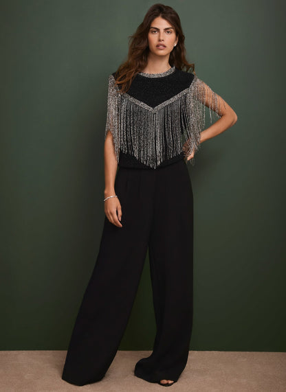 Black Embellished Fringe Detail Top