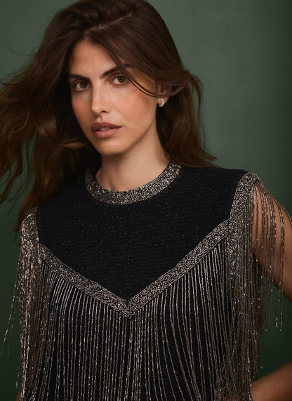 Black Embellished Fringe Detail Top