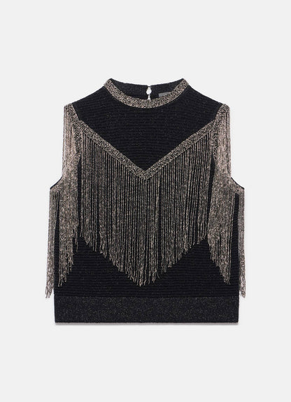 Black Embellished Fringe Detail Top