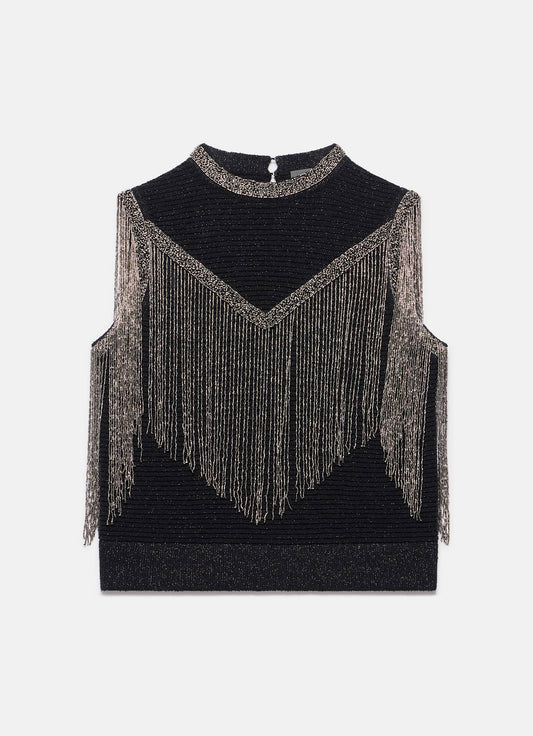 Black Embellished Fringe Detail Top