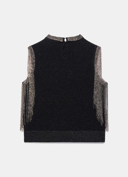 Black Embellished Fringe Detail Top