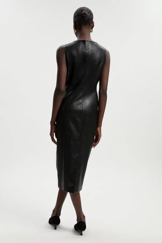 Faux Leather Button Detail Midi Pencil Dress