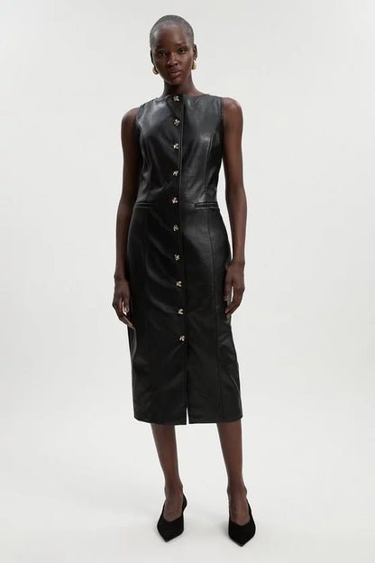 Faux Leather Button Detail Midi Pencil Dress