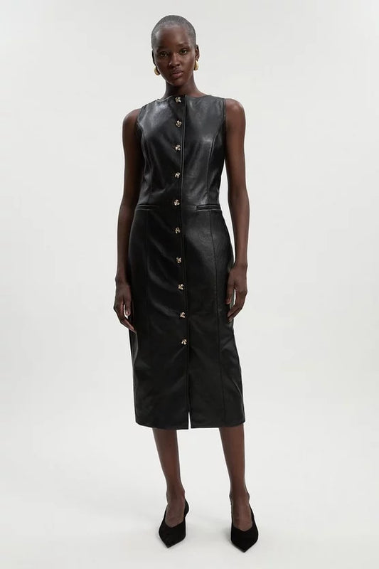 Faux Leather Button Detail Midi Pencil Dress