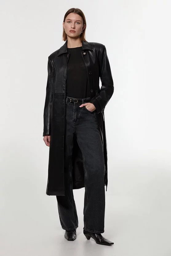 Faux Leather Clasp Detail Clean Tailored Trench Coat