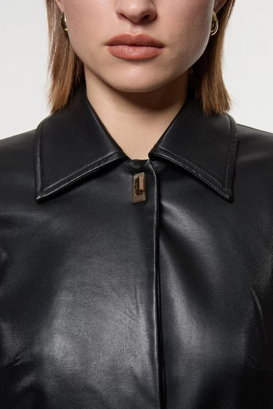 Faux Leather Clasp Detail Clean Tailored Trench Coat