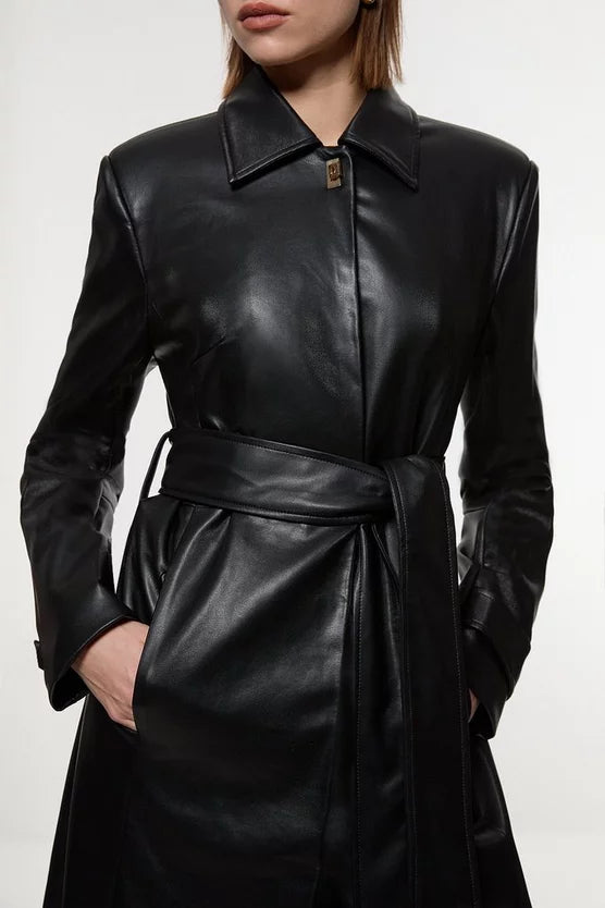 Faux Leather Clasp Detail Clean Tailored Trench Coat