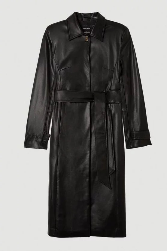 Faux Leather Clasp Detail Clean Tailored Trench Coat