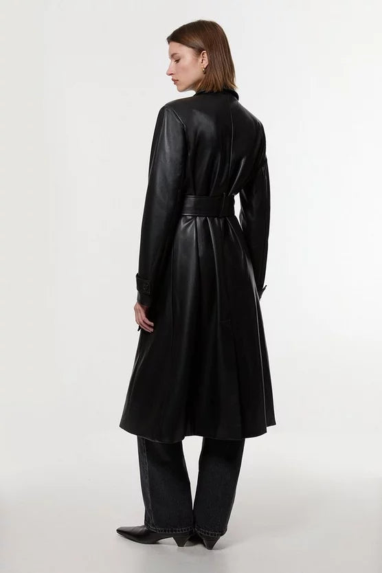 Faux Leather Clasp Detail Clean Tailored Trench Coat