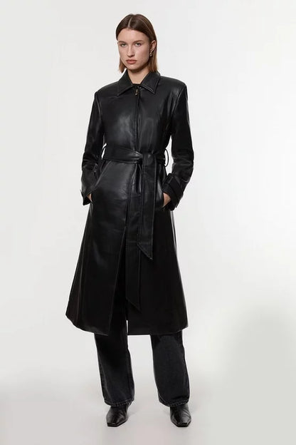 Faux Leather Clasp Detail Clean Tailored Trench Coat