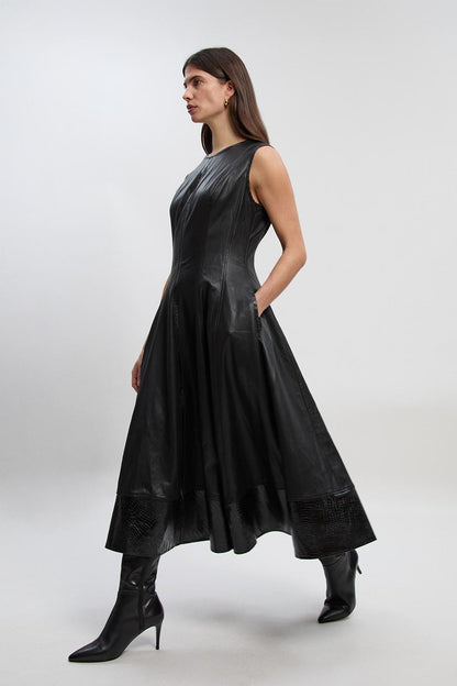 Faux Leather Croc Full Midi Dress
