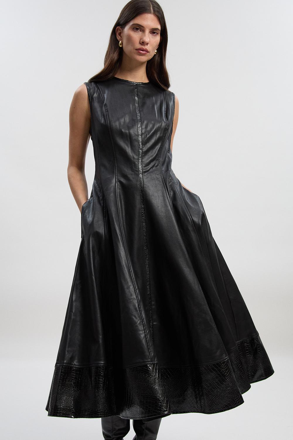 Faux Leather Croc Full Midi Dress