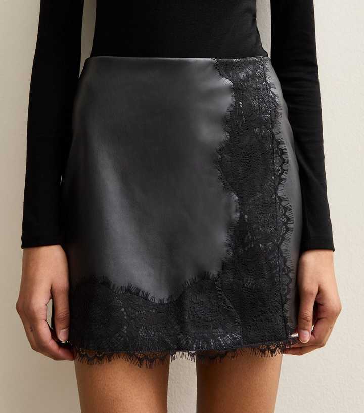 Black Faux Leather Lace Trim Wrap Mini Skort