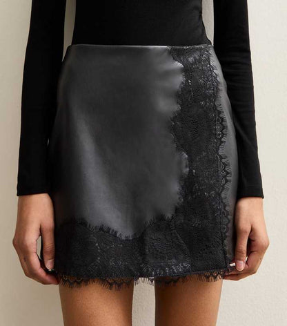 Black Faux Leather Lace Trim Wrap Mini Skort