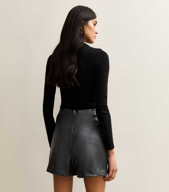 Black Faux Leather Lace Trim Wrap Mini Skort