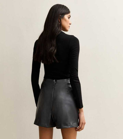 Black Faux Leather Lace Trim Wrap Mini Skort