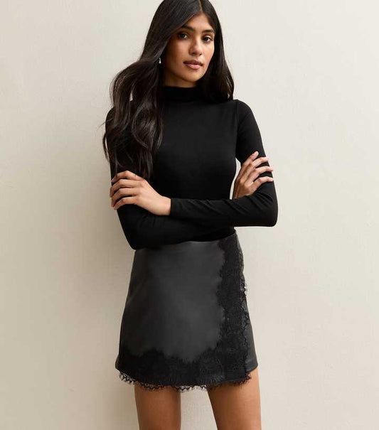 Black Faux Leather Lace Trim Wrap Mini Skort