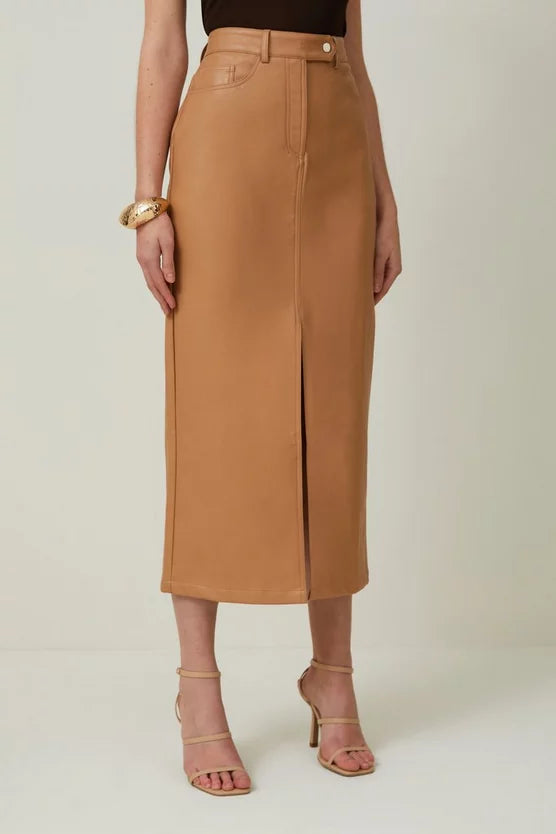 Faux Leather Pencil Midi Skirt