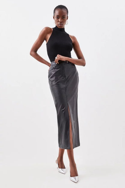 Faux Leather Pencil Midi Skirt