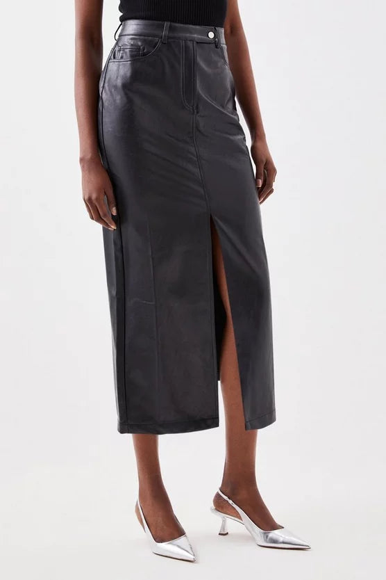 Faux Leather Pencil Midi Skirt