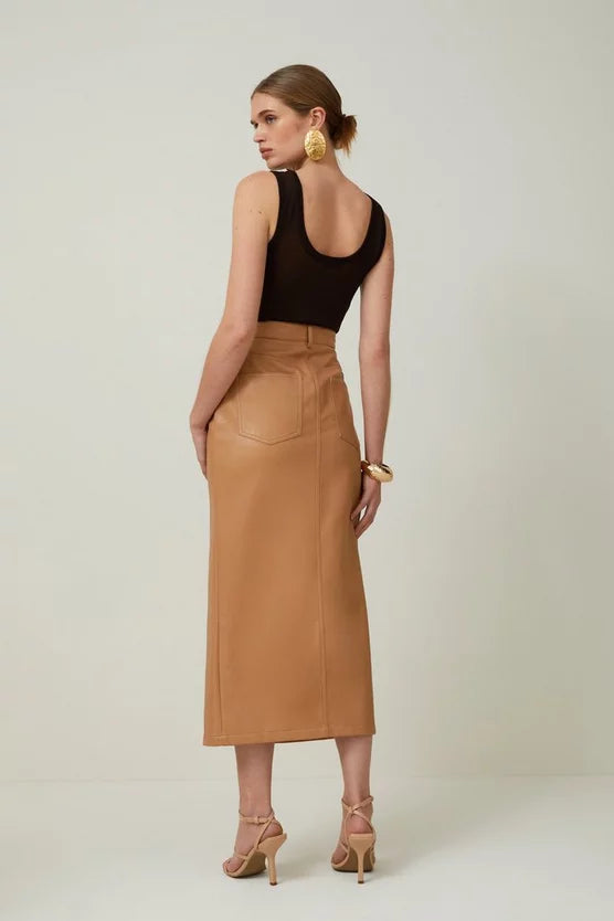 Faux Leather Pencil Midi Skirt