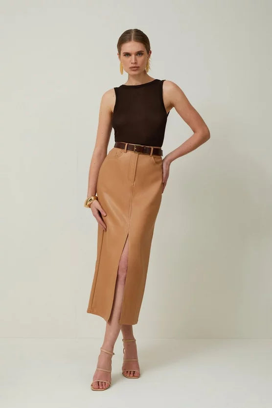 Faux Leather Pencil Midi Skirt