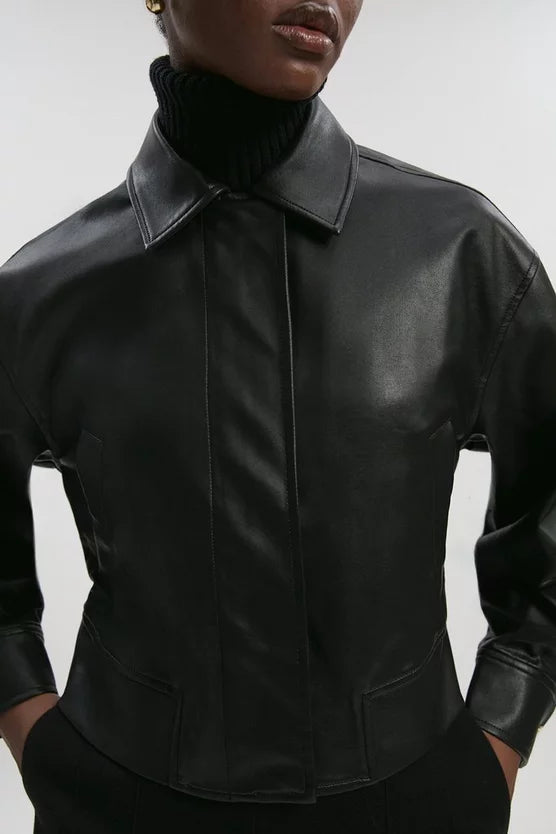Faux Leather Tailored Bomber Jacket