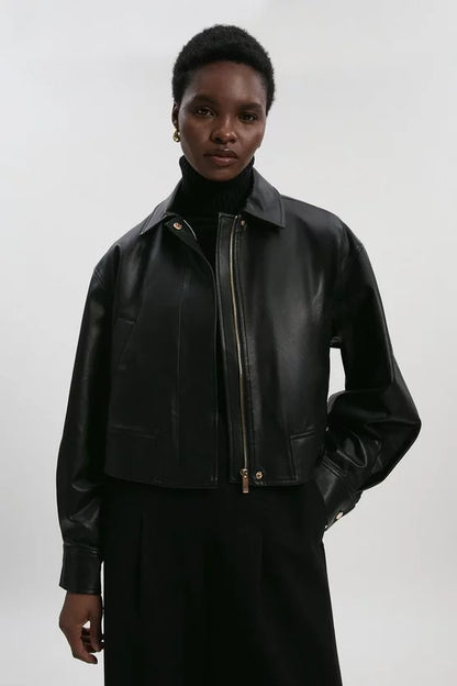 Faux Leather Tailored Bomber Jacket