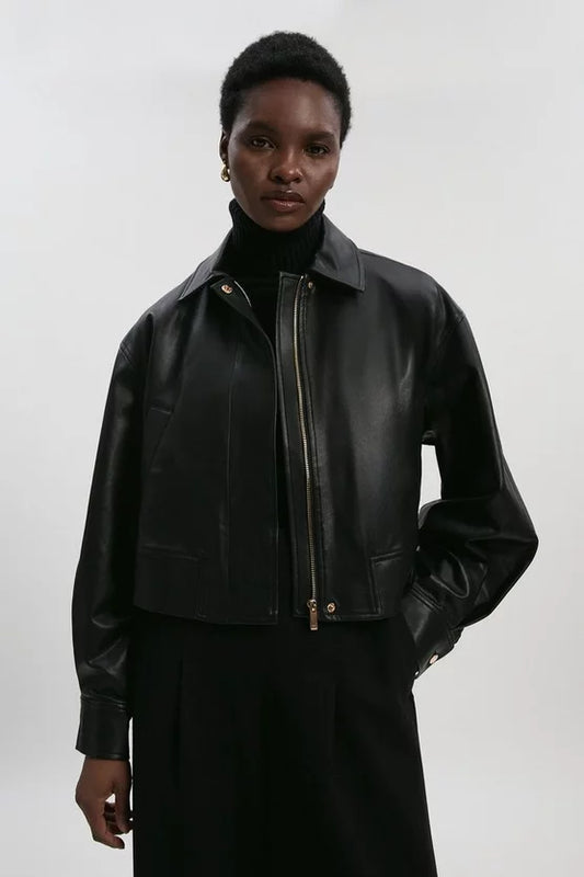 Faux Leather Tailored Bomber Jacket