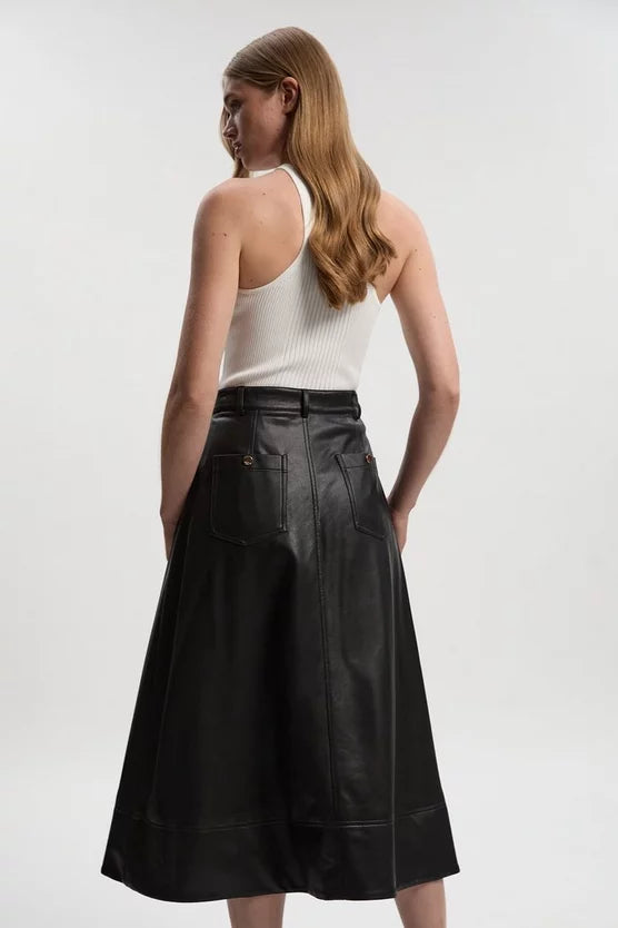 Faux Leather Tailored Full Midi Skirt