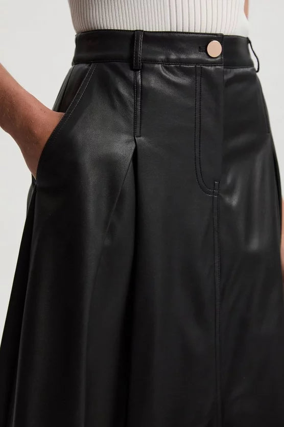 Faux Leather Tailored Full Midi Skirt