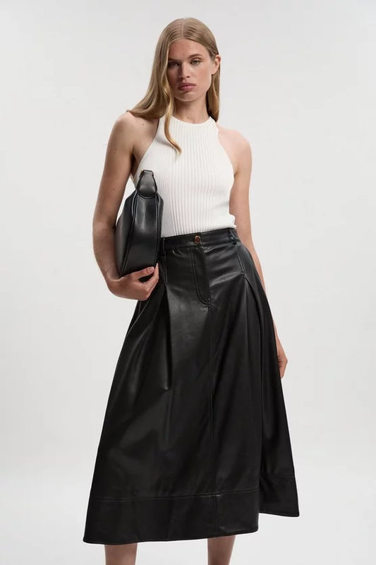 Faux Leather Tailored Full Midi Skirt