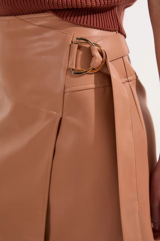Faux Leather Tie Detail Wrap Midi Skirt