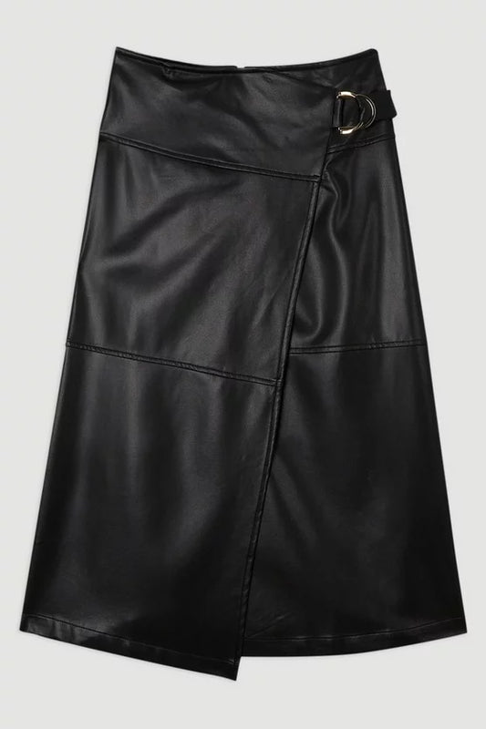Faux Leather Tie Detail Wrap Midi Skirt