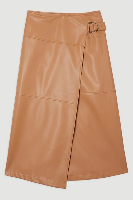 Faux Leather Tie Detail Wrap Midi Skirt