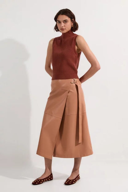 Faux Leather Tie Detail Wrap Midi Skirt