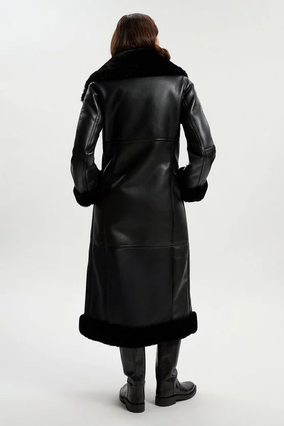 Faux Shearling Oversize Collar Buckle Midi Coat