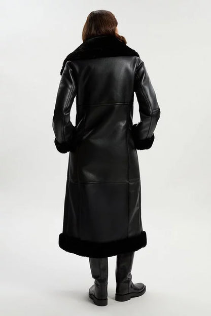 Faux Shearling Oversize Collar Buckle Midi Coat