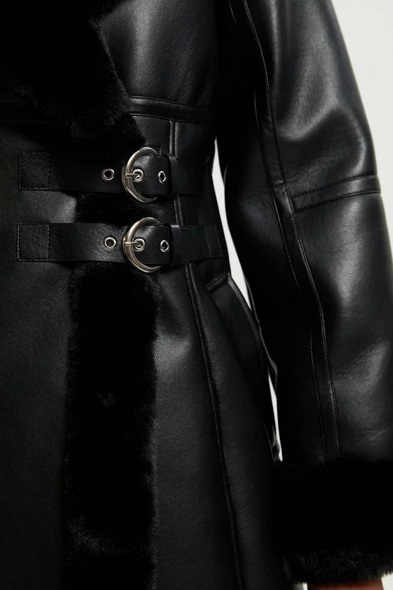 Faux Shearling Oversize Collar Buckle Midi Coat