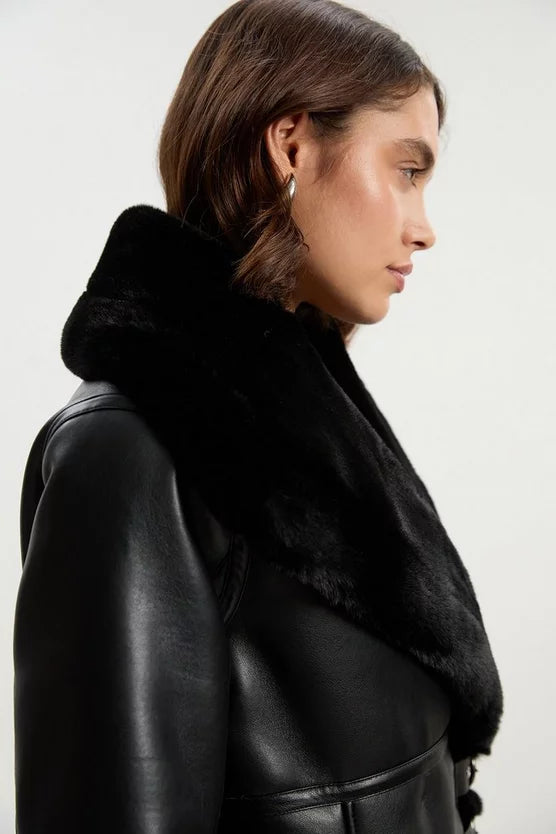 Faux Shearling Oversize Collar Buckle Midi Coat