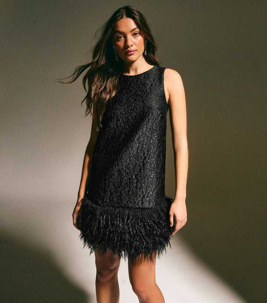 Black Floral Jacquard Faux Fur Hem Mini Dress