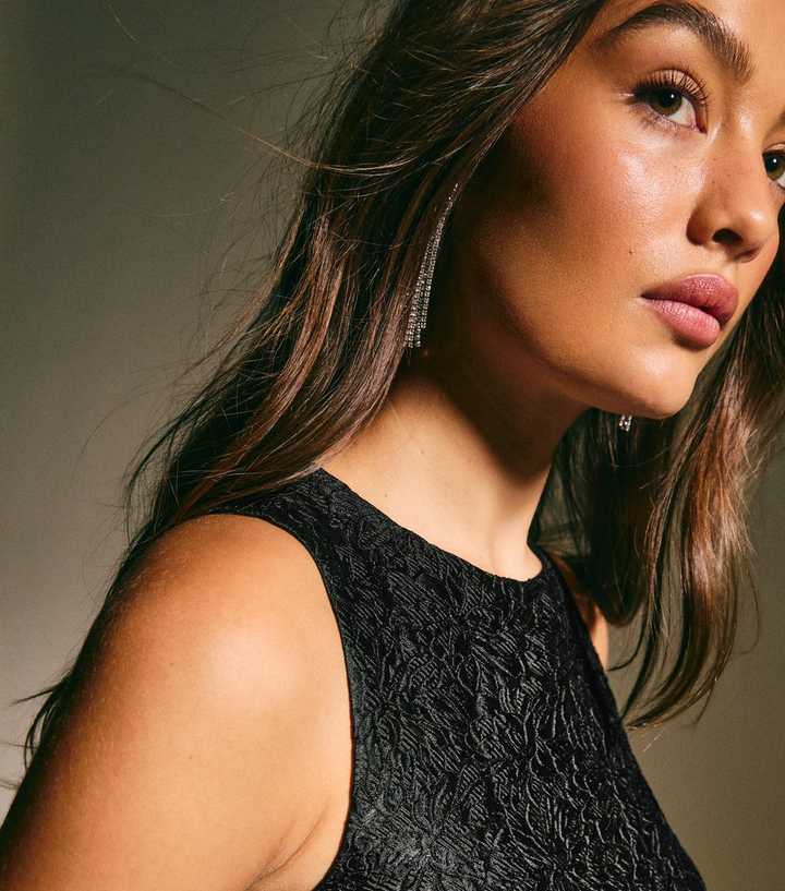 Black Floral Jacquard Faux Fur Hem Mini Dress